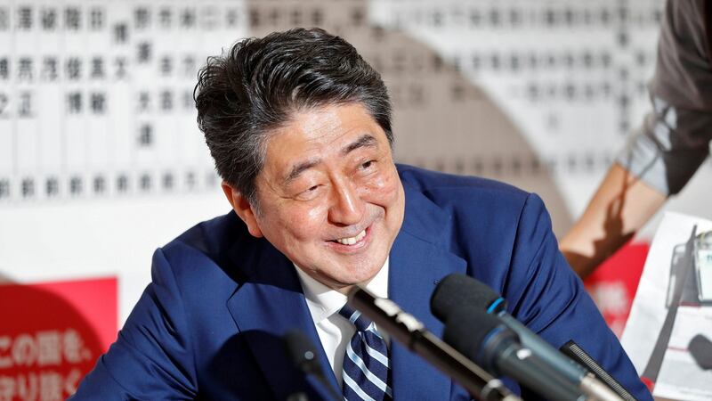 Japanese prime minister Shinzo Abe, leader of the Liberal Democratic Party (LDP), during a news conference after Japan’s election, in Tokyo on Sunday. Photograph: Isse Kato/Reuters