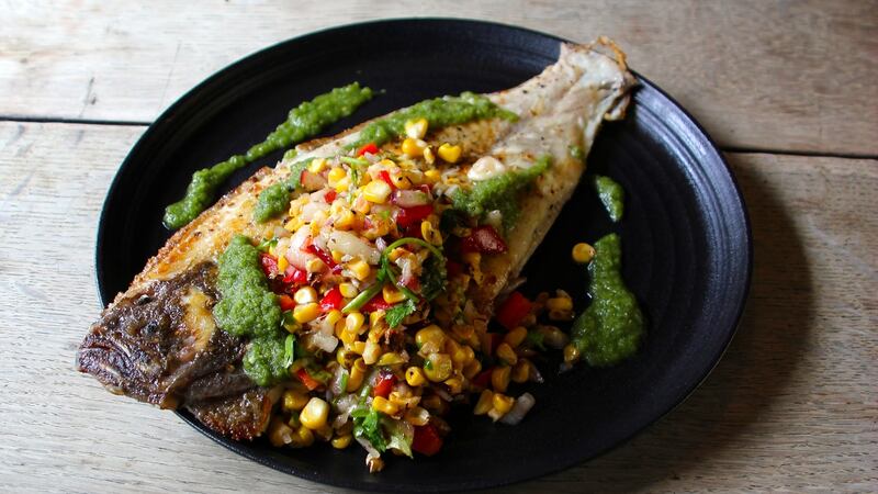 Pan-roasted plaice with grilled corn and nectarine salsa