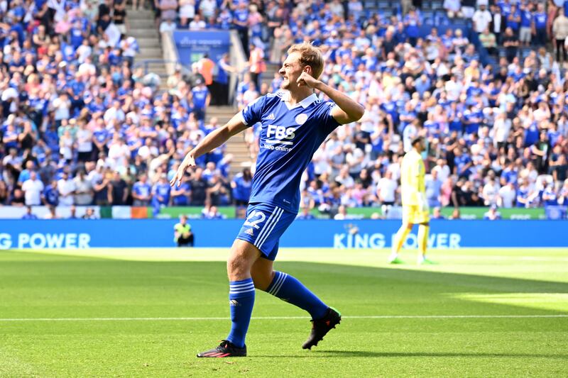 Kiernan Dewsbury-Hall of Leicester City celebrates after scoring his team's. Photograph: Ross Kinnaird/Getty Images