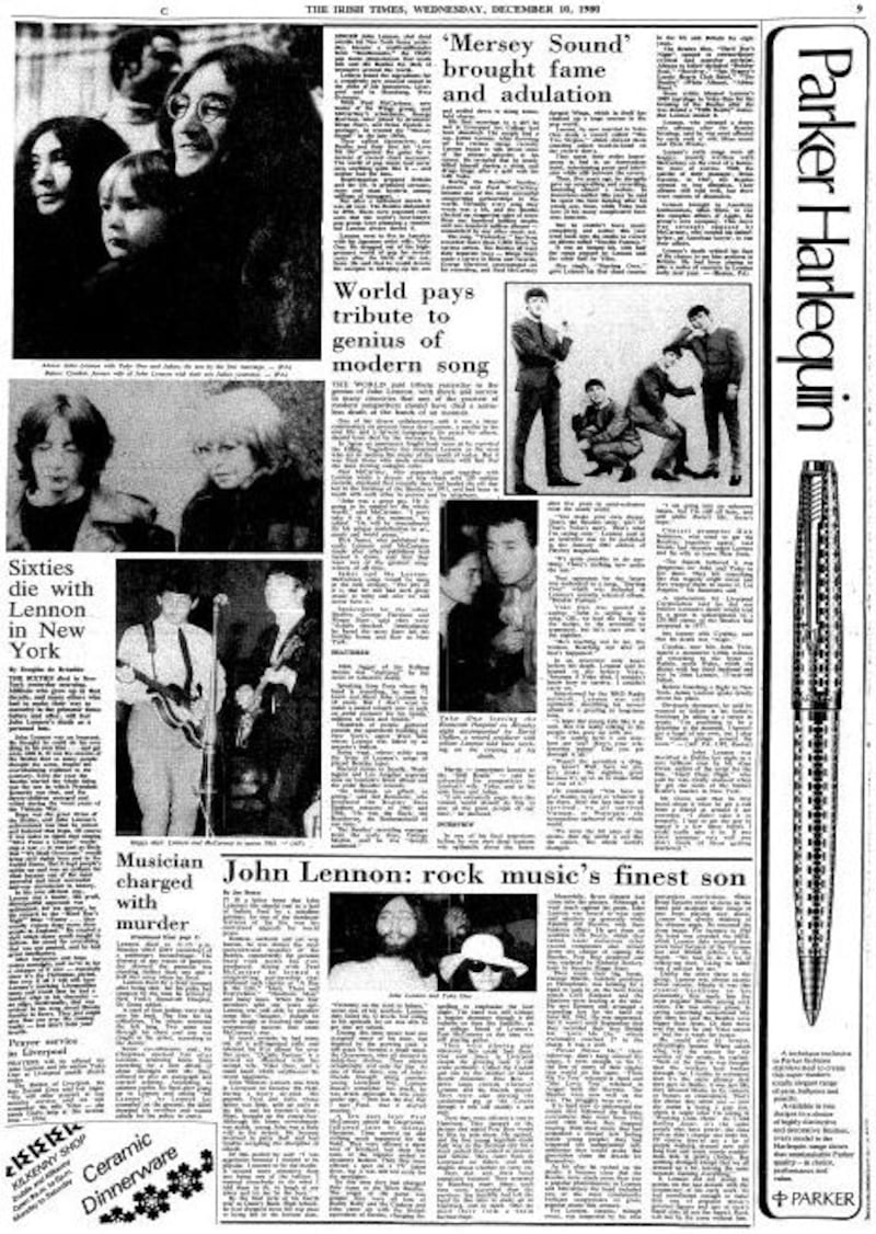 John Lennon’s death: the page devoted to the former Beatle in The Irish Times of December 10th, 1980
