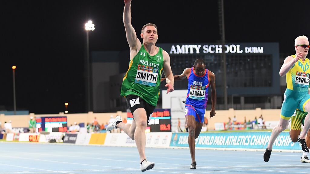 Ireland’s  Jason Smyth celebrates after winning the 100m T13 final at the World Para-Athletics Championships in Dbai in November 2019. Photograph:  Moto Yoshimura/Getty Images
