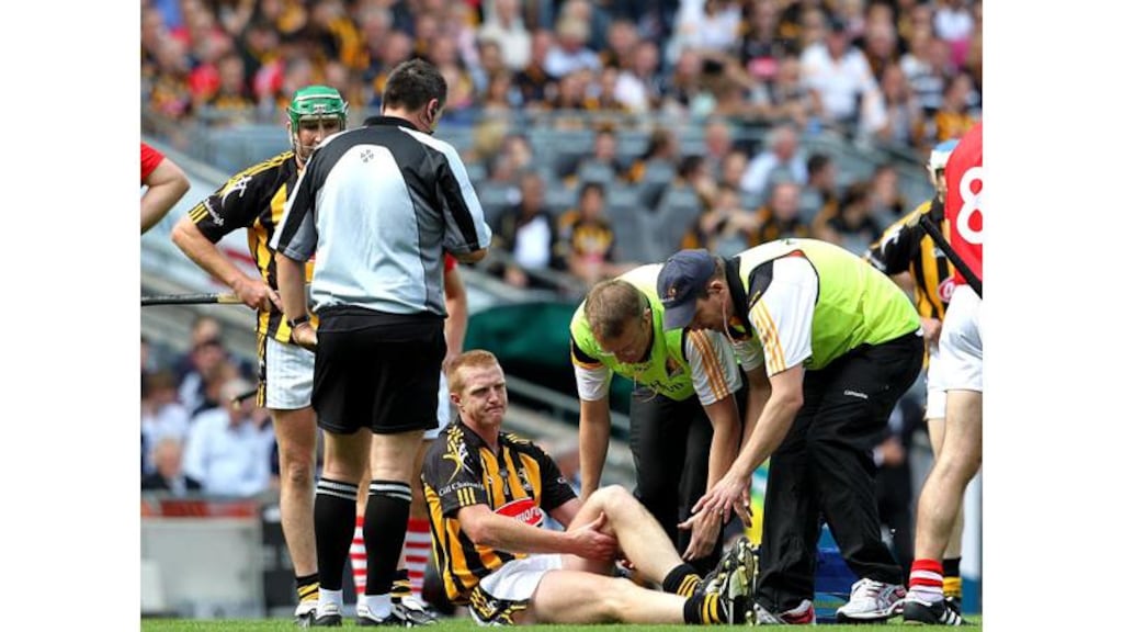 Henry Shefflin receives treatment to an injured knee during last Sunday’s All-Ireland hurling semi-final against Cork. – (Photograph: Lorraine O'Sullivan/INPHO)