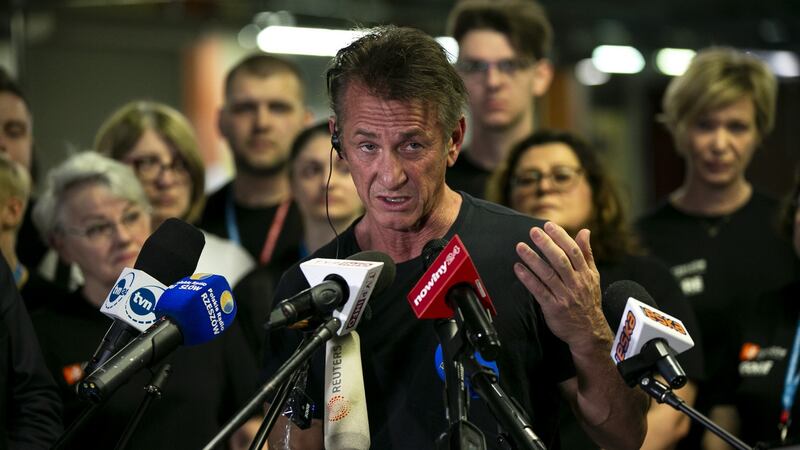 Hollywood star and founder of Core (Community Organized Relief Effort) Sean Penn holds a press conference at a building housing refugees from Ukraine in Rzeszow, Poland. Photograph: Darek Puchala/Anadolu Agency via Getty