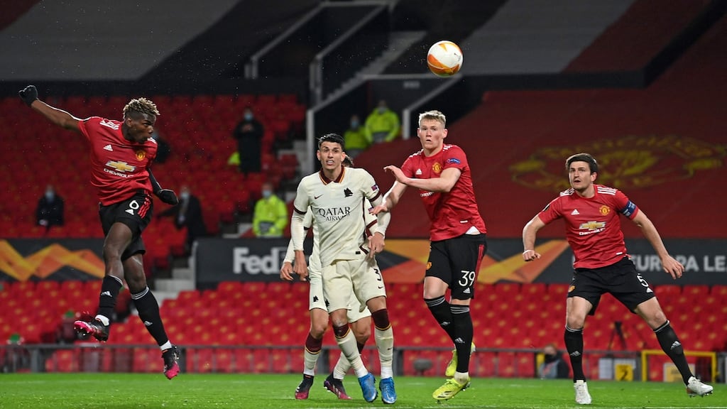 Paul Pogba heads home Manchester United’s fifth goal during the Europa League semi-final, first leg at Old Trafford. Photograph: Paul Ellis/AFP via Getty Images