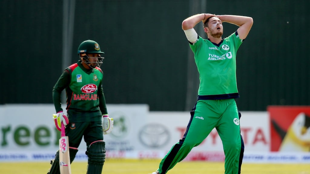 Mark Adair reacts during Ireland’s defeat to Bangladesh. Photograph: Oisin Keniry/Inpho