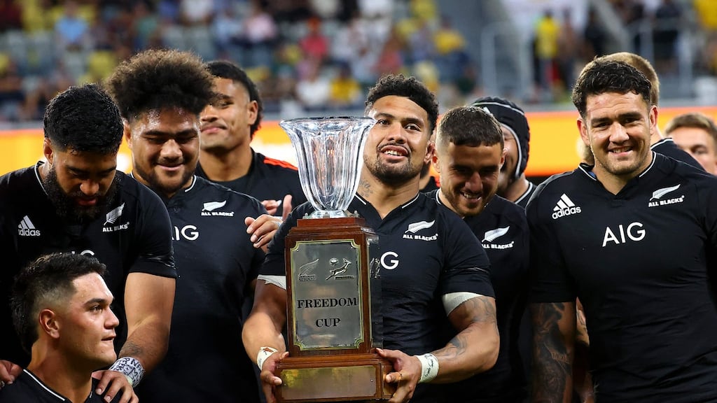 New Zealand captain Ardie Savea lifts the Freedom Cup after his team’s win over South Africa in Townsville. Photograph: Getty Images