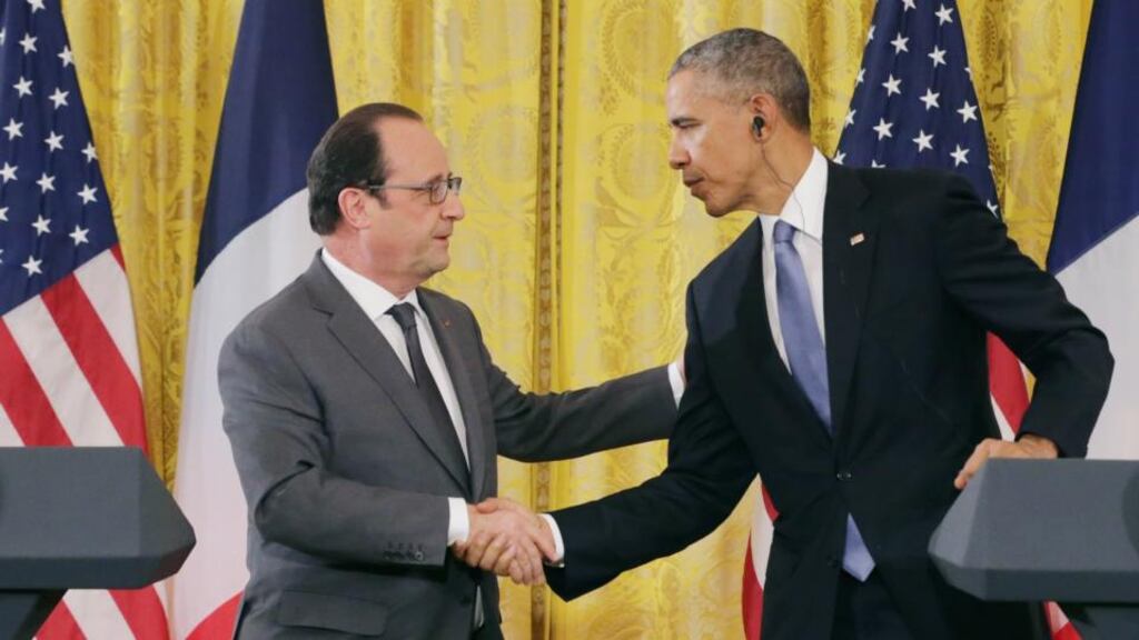French president Francois Hollande and US president Barack Obama shake hands during a joint news conference at the White House, November 24th, 2015 in Washington, DC. Photograph: Chip Somodevilla/Getty Images