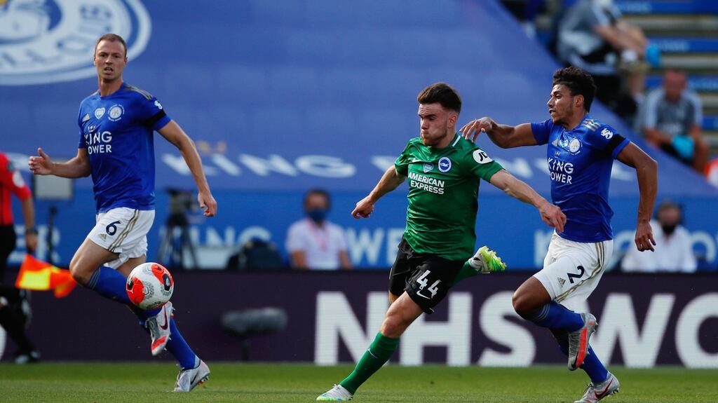 Brighton’s Aaron Connolly vies for the ball with Leicester City’s James Justin during their Premier League clash. Photo: Andrew Boyers/POOL/AFP via Getty Images