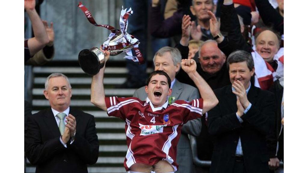 Clarinbridge captain Paul Callanan lifts the Tommy Moore cup after winning the All-Ireland Hurling Club Championship against O’Loughlin Gaels at Croke Park. Photograph: Donall Farmer/Inpho
