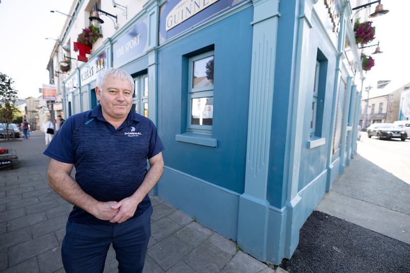 Martin Harley outside his pub, Harley's Cheers, on Main Street, Ballybofey. Photograph: Joe Dunne