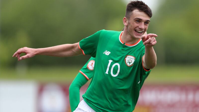 Troy Parrott celebrates scoring a free-kick for Ireland Under-17s aganist Bosnia. Photograph: Tim Goode/PA