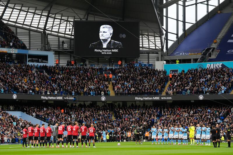 Players line up in tribute to the late Ricky Hatton, ahead of the Premier League match at Etihad Stadium. Photograph: Nick Potts/PA