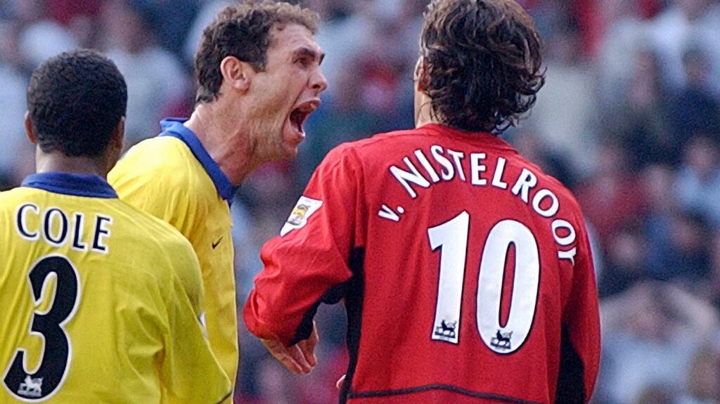 Arsenal’s Martin Keown taunts Manchester United’s Ruud van Nistelrooy after he missed a penalty given away by Keown in the final minutes of the game at Old Trafford on September 21st, 2003. Photograph: Paul Barker/AFP via Getty Images