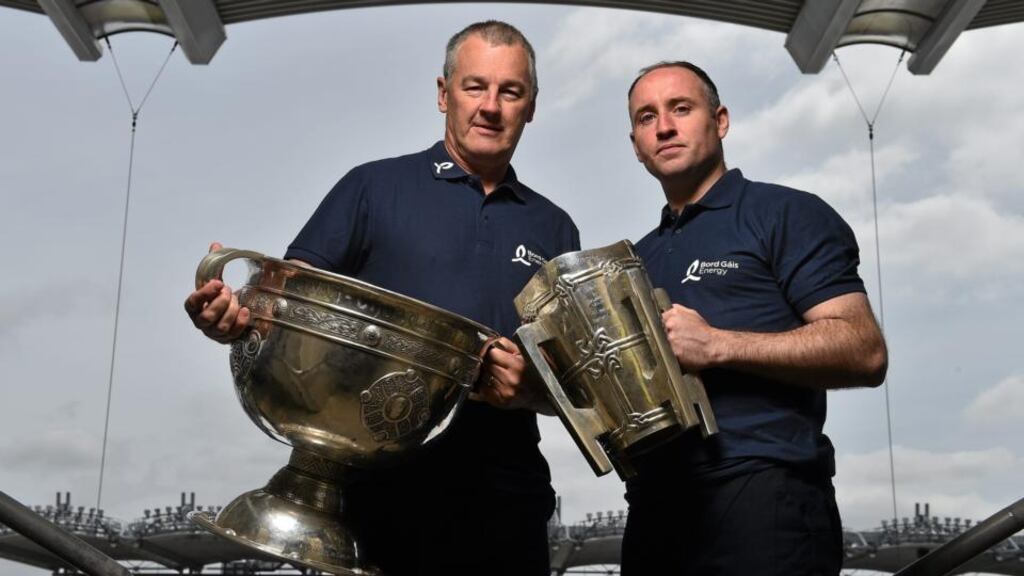 Former All-Ireland winning captains John O’Leary and Eoin Kelly launch the 2015 Bord Gáis Energy Legends Tour Series. Photograph: Ramsey Cardy/Sportsfile