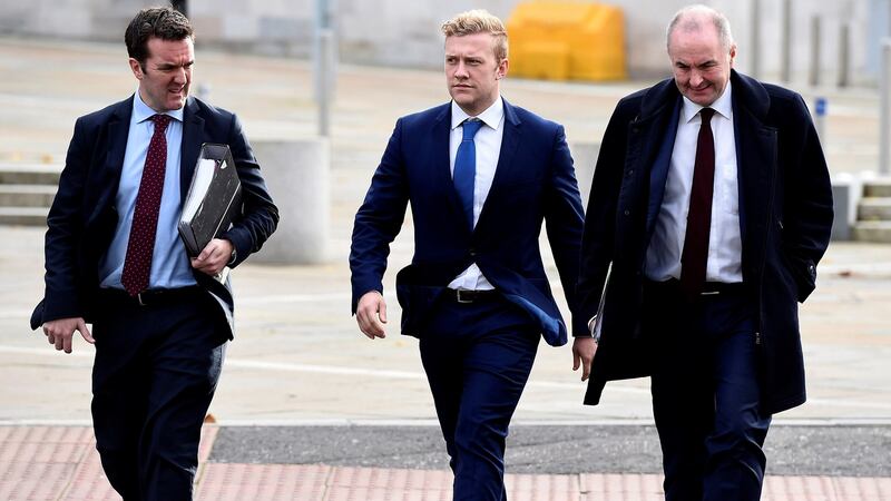 Ireland rugby player Stuart Olding arrives at Laganside Court in Belfast. Photograph: Michael Cooper/Reuters