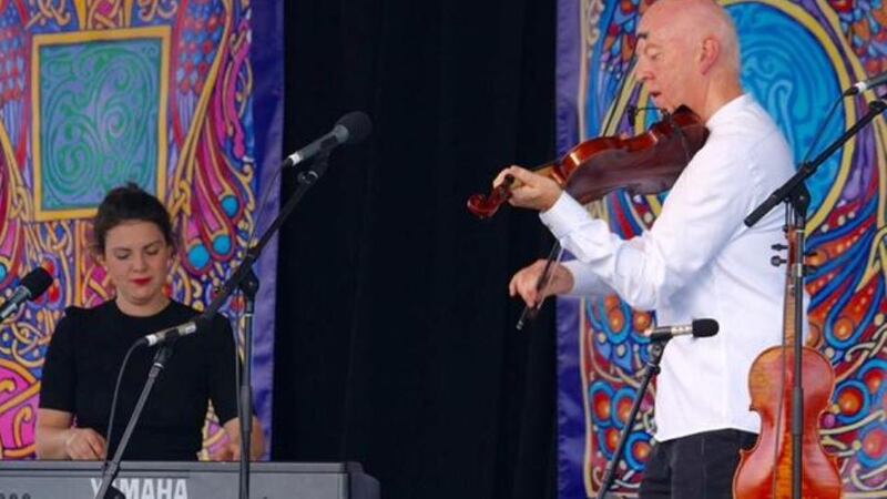 Emily Flack and Manus McGuire are joined by Eamonn De Barra at Powerscourt Centre in Dublin on Thursday