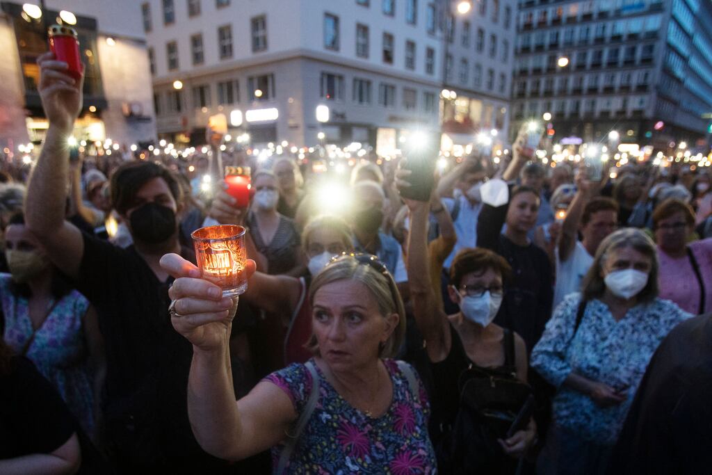 A memorial gathering at Stephansplatz, Vienna for Lisa-Maria Kellermayr, the Austrian doctor who took her own life following death threats from opponents of Covid-19 restrictions and vaccines.  Photograph: Alex Halada/AFP