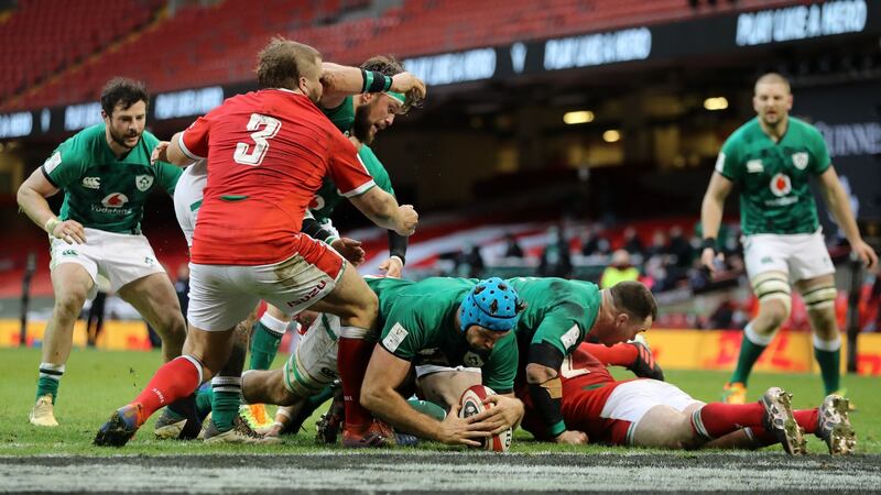 Tadhg Beirne scores his try against Wales. Photograph: David Rogers/Getty Images