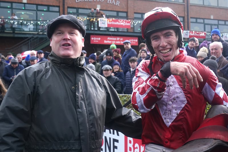Jack Kennedy and trainer Gordon Elliott celebrate after winning the Bar One Racing Drinmore Novice Chase with Mighty Potter at Fairyhouse earlier this month. Photograph: Brian Lawless/PA Wire