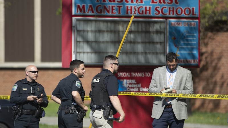 Law enforcement officers respond to a shooting at Austin-East Magnet High School in Knoxville, Tennessee, on Monday. Photograph: Saul Young/News Sentinel/AP