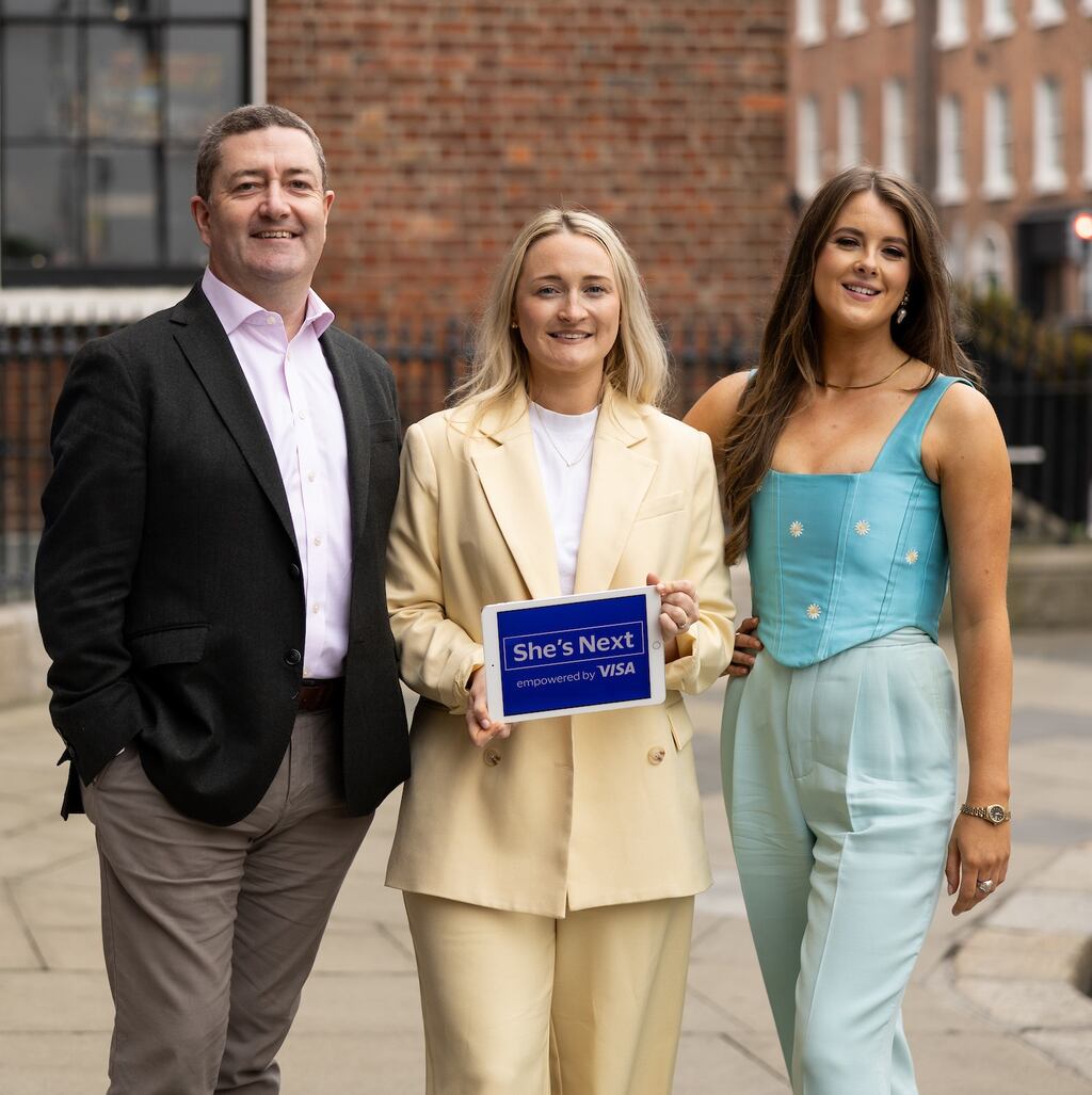 2023 She's Next Winners Rachel Hennessy, Happy Days Fashion Rental, and Marion Cantillon, PitSeal, with Conor Langford, Country Manager Ireland, Visa