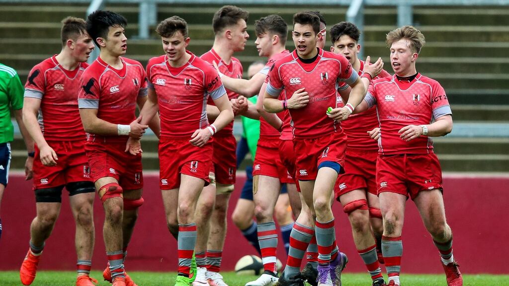Glenstal celebrate scoring a try on their way to victory over Ardscoil  Rís in the Munster Schools senior semi-final at  Thomond Park. Photograph: Inpho