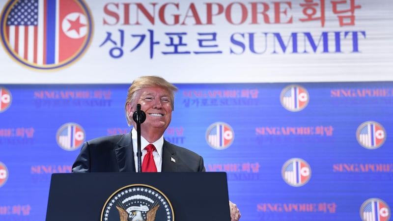 US president Donald Trump speaks at a press conference following the historic US-North Korea summit in Singapore on Tuesday. Photograph: Saul Loeb/AFP/Getty Images
