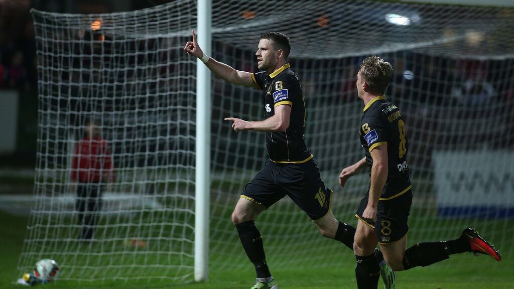 Dundalk’s Ciaran Kilduff celebrates his goal in Tuesday’s Derry City vs Dundalk semi-final replay at Brandywell. Photograph: INPHO/Presseye/Lorcan Doherty