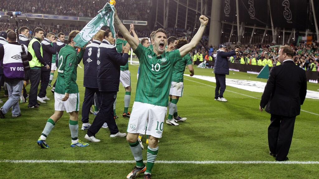 Robbie Keane celebrates after qualifying for Euro 2012 in the Aviva. Photograph: Cathal Noonan/Inpho