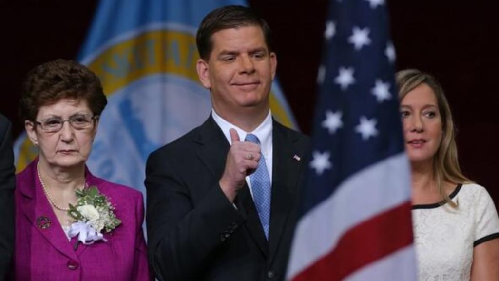 Marty Walsh pictured with his mother Mary (L) after he was sworn in as mayor of Boston today.