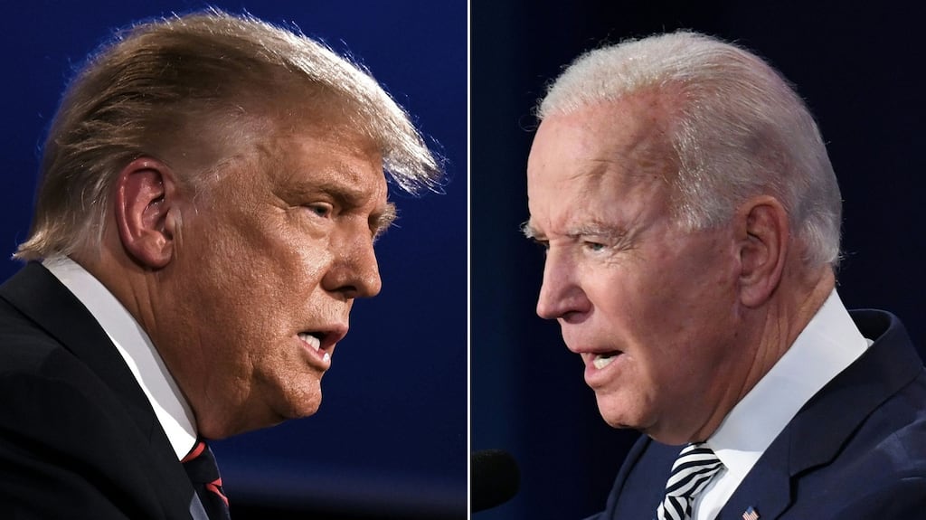 US president Donald Trump and Democratic nominee Joe Biden: The average of national polls run by Real Clear Politics has put Biden’s lead at about nine percentage points. Photograph: Jim Watson, Saul Loeb/AFP via Getty Images