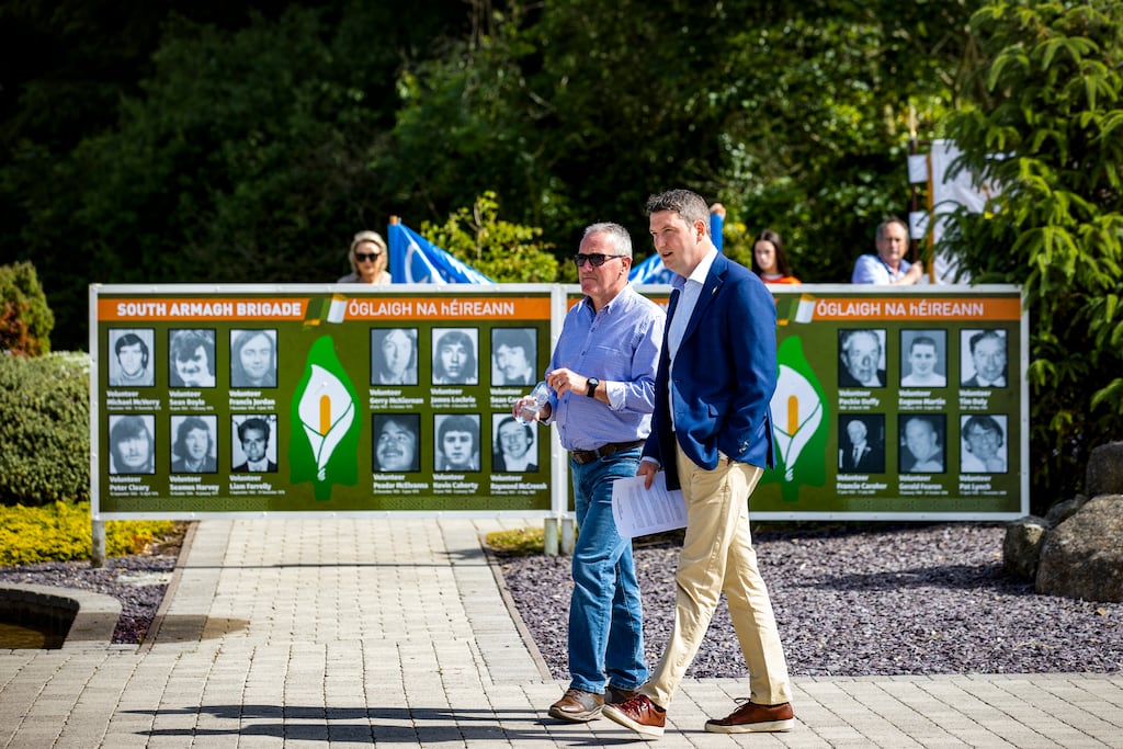 Sinn Féin MP John Finucane (right) with party colleague Conor Murphy (left) MLA during an IRA memorial event in Co Armagh. Photograph: Liam McBurney/PA Wire