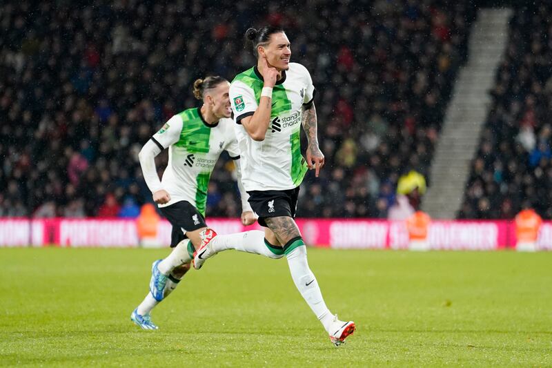 Liverpool's Darwin Nunez celebrates after scoring. Photograph: Andrew Matthews/PA Wire