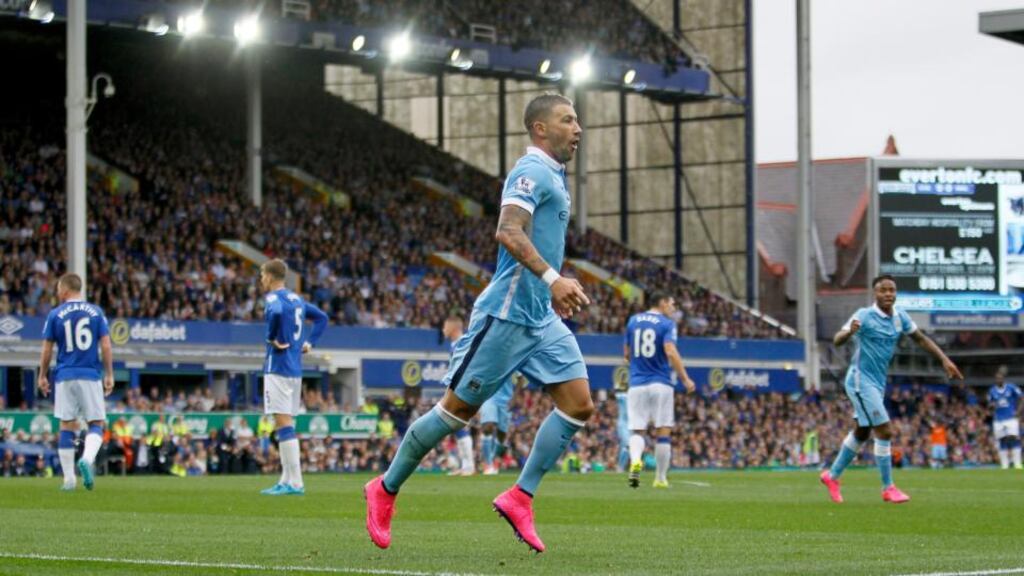 Aleksandar Kolarov broke the deadlock at Goodison Park setting up Manchester City’s 2-0 win over Everton. Photograph: PA