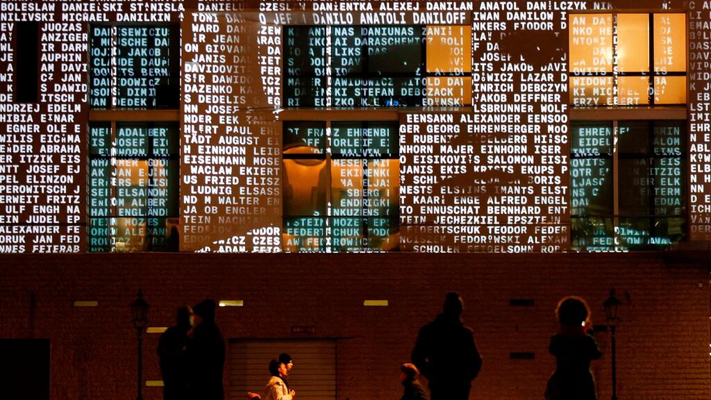 A light installation, #everynamecounts, at the French embassy in Berlin ahead of International Holocaust Remembrance Day on January 27th. Photograph: Odd Andersen/AFP via Getty Images