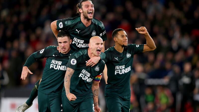 Newcastle celebrate after Jonjo Shelvey doubled their lead against Sheffield United. Photograph: Alex Livesey/Getty
