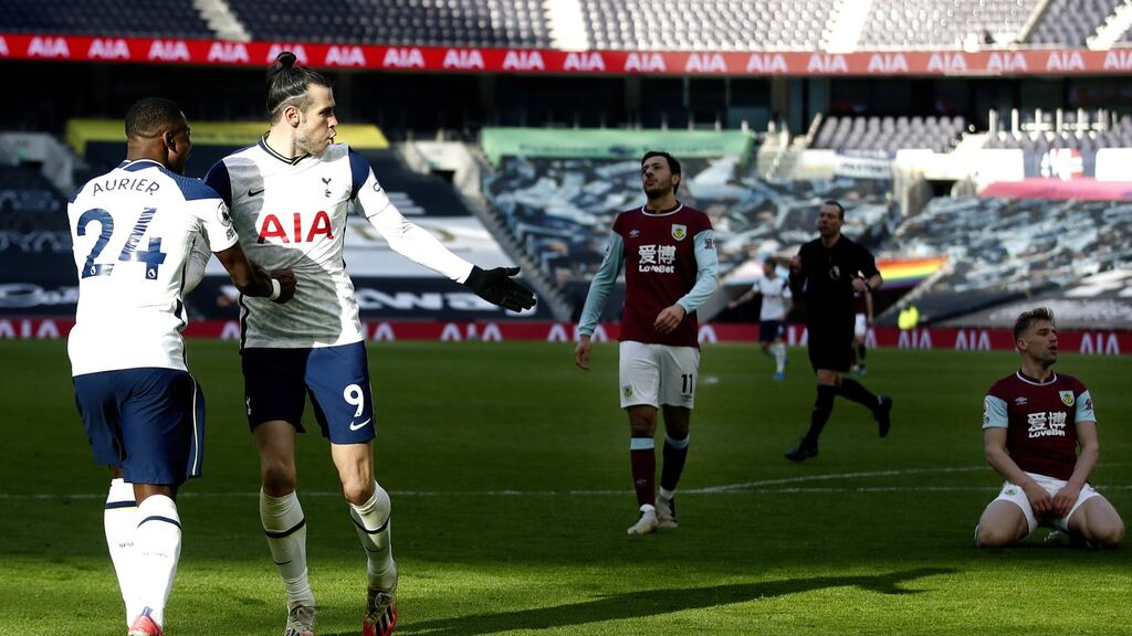 Gareth Bale celebrates with Serge Aurier after scoring against Burnley. Photograph: EPA