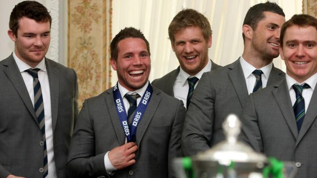 Ireland’s Peter O’Mahony, Isaac Boss, Chris Henry, Rob Kearney and Eoin Reddan during a reception for the team at Farmleigh House, Dublin. Photo: Brian Lawless/PA