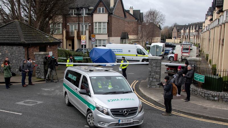Gardaí remove a man’s remains after a fatal stabbing on Tuesday morning at Brownsbarn Wood estate near Citywest. Photograph:  Colin Keegan, Collins