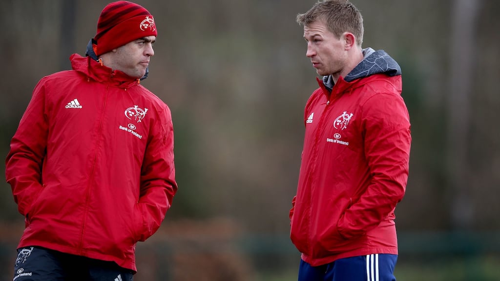 Munster head coach Johann van Graan with scrum coach Jerry Flannery. “You can’t say enough about Conor Murray. His work-rate, what he brings to the team, his calm demeanour.” Photograph: Ryan Byrne/Inpho