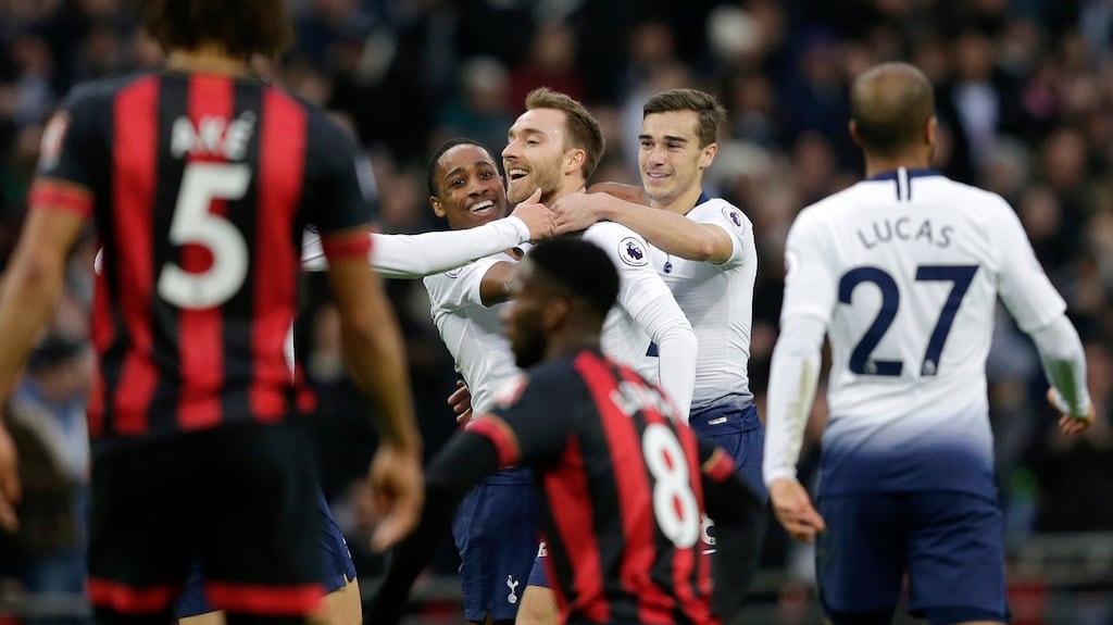 Christian Eriksen celebrates scoring the first goal of the match for Tottenham Hotspur against Bournemouth. Photograph: Getty Images