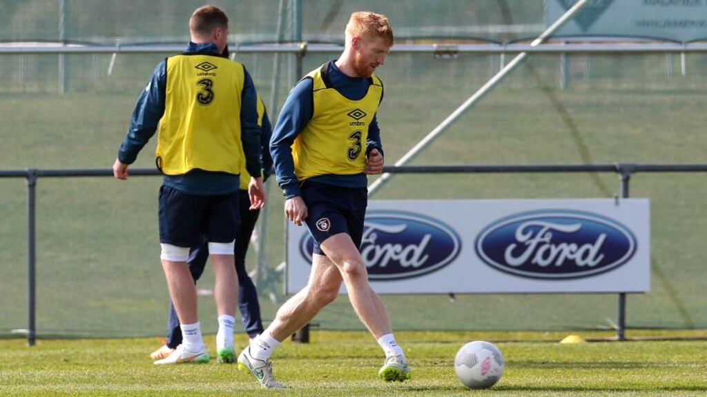 Paul McShane in action during the Republic of Ireland’s final training session in Malahide ahead of Sunday’s Euro 2016 qualifier against Poland at the Aviva stadium. Photograph: Donall Farmer/Inpho