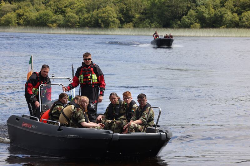 Participants cross Lough Rea in a rigid hull inflatable boat (RHIB). Photograph: Dara Mac Dónaill
