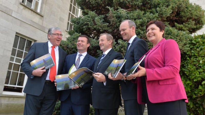Minister of State with special responsibility for food Tom Hayes; Minister for the Environment Alan Kelly; Taoiseach Enda Kenny; Minister for Agriculture Simon Coveney;, and Minister of State with special responsibility for rural development Ann Phelan at the launch of Food Wise 2025 a 10-year strategy for the Irish agri-food sector yesterday. Photograph: Alan Betson