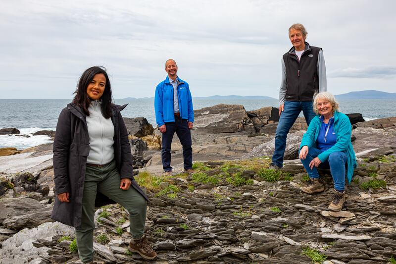 Liz Bonnin, Koen Verburggen, Ken Higgs and Bettie Higgs on Valentia Island for RTÉ's The Island.