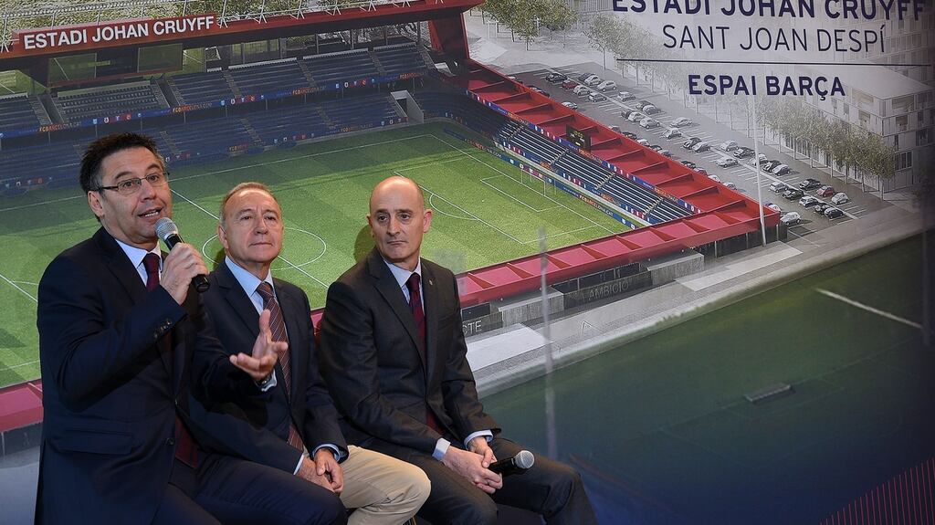 Barcelona’s president Josep Maria Bartomeu with new board director Jordi Moix to his left. Photo: Lluis Gene/AFP via Getty Images