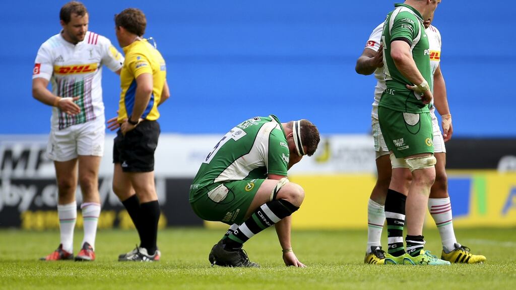 London Irish players dejected after their loss in the Aviva Premiership match which saw them relegated. Photo: Jordan Mansfield/Getty Images