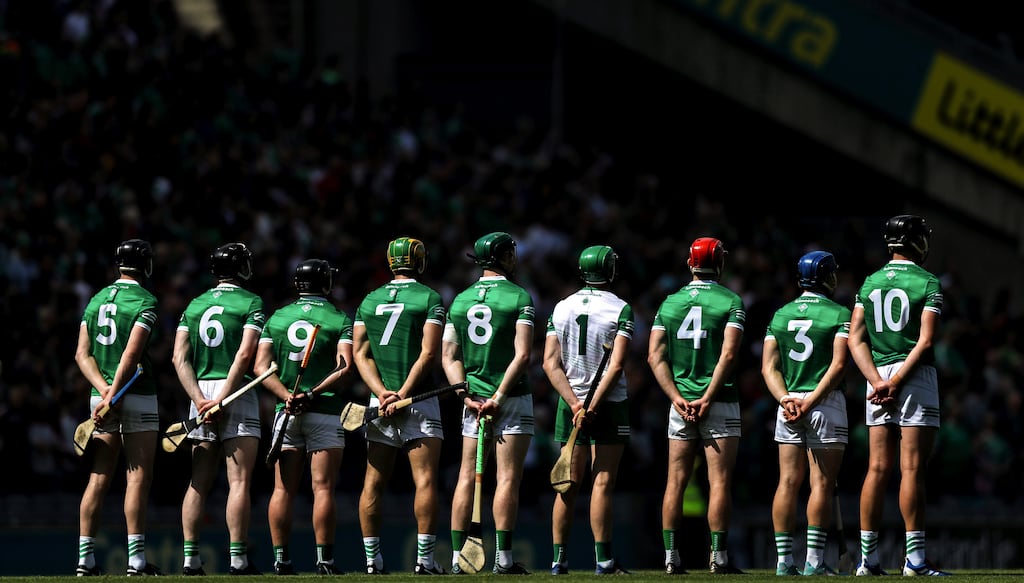 Limerick stand for the national anthem before their semi-final against Galway. Photograph: Inpho/Evan Treacy
