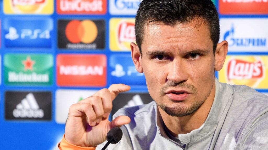 Liverpool’s Croatian defender Dejan Lovren speaks at a press conference on the eve of the Champions League Group E match away to NK Maribor. Photograph: Jure Makovec/AFP/Getty Images