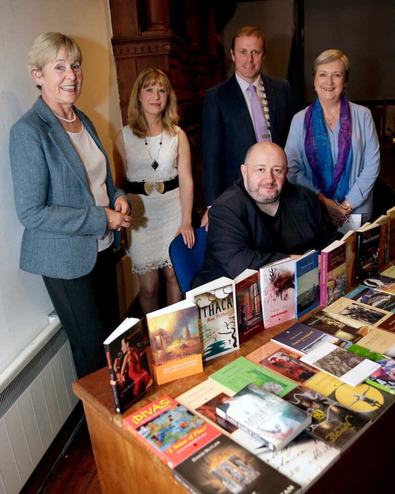 Liz McManus, Tanya Farrelly, Cllr Christopher Fox, Catherine Dunne and publisher Alan Hayes at his pop-up bookshop at Bray Literary Festival. Photograph: Barbara Flynn